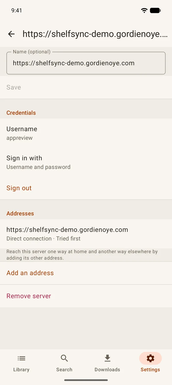 A server's page with its name, sign-in and addresses